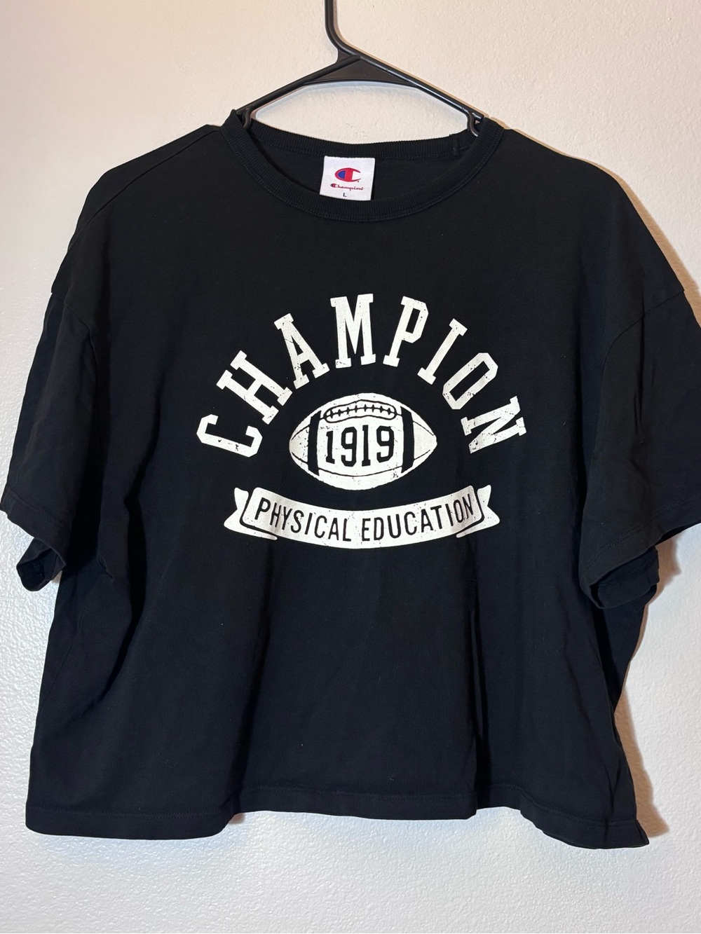 Women’s Champion Black Graphic T-Shirt with White Football Print